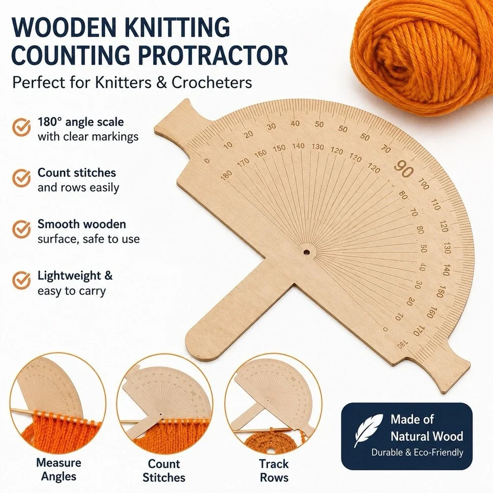 Wooden Knitting Gauge Calculator Ruler 180° Protractor Stitch Counting Tool